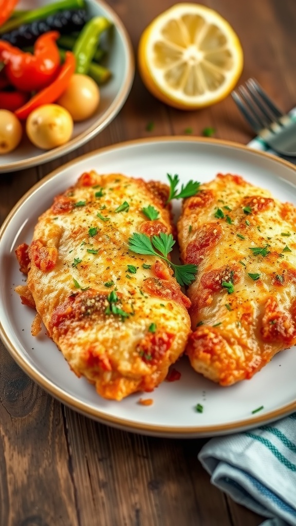 Crispy garlic Parmesan chicken served with fresh parsley on a rustic table with roasted vegetables.